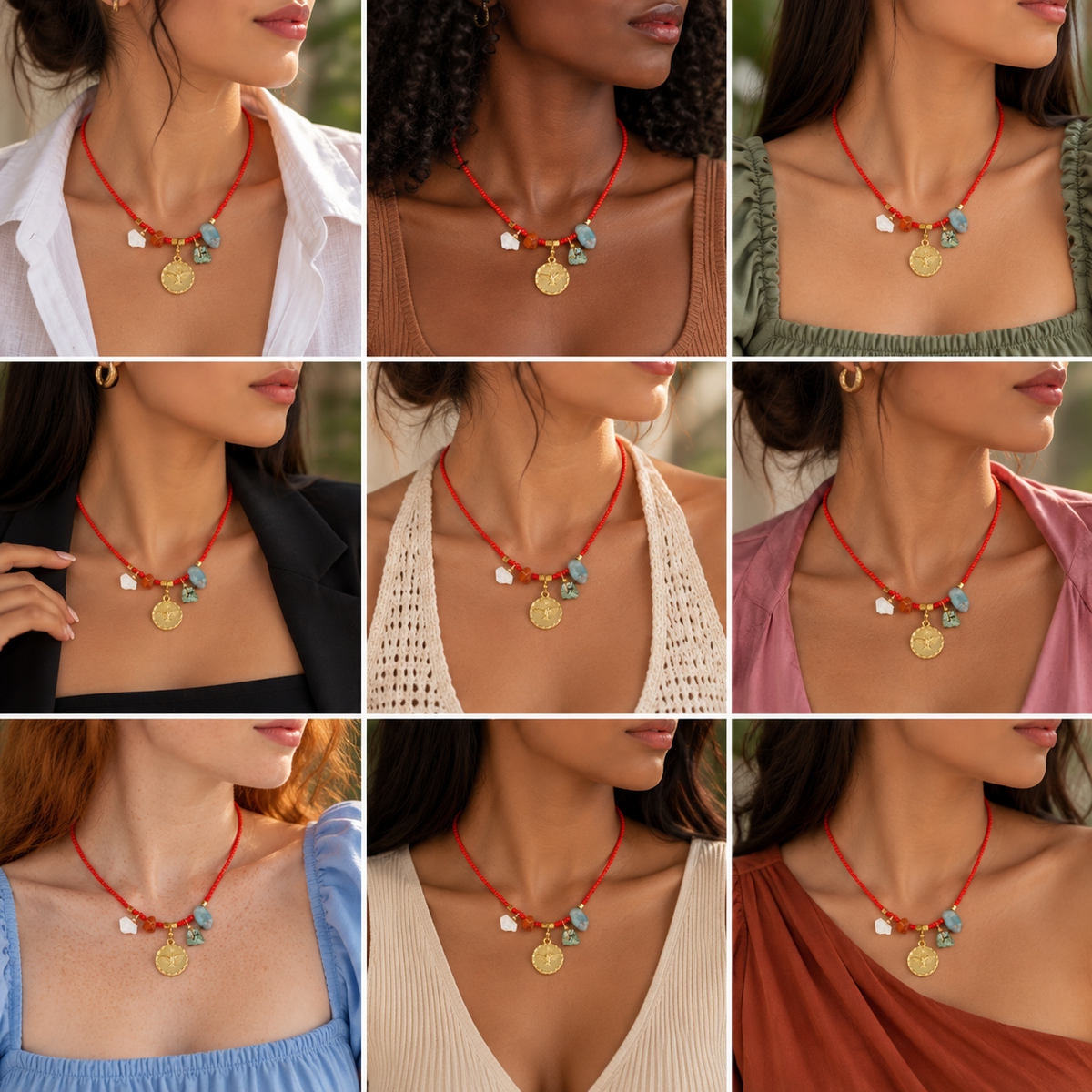 Detalles del Collar Fortaleza Espíritu Santo con piedras naturales y dije en distintos outfits
