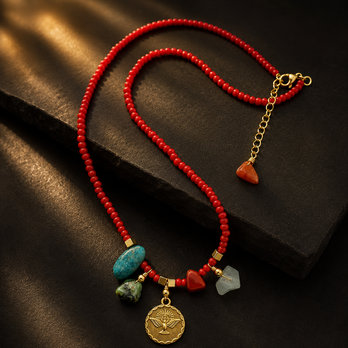 Collar Fortaleza Espíritu Santo con piedras naturales y dije dorado
