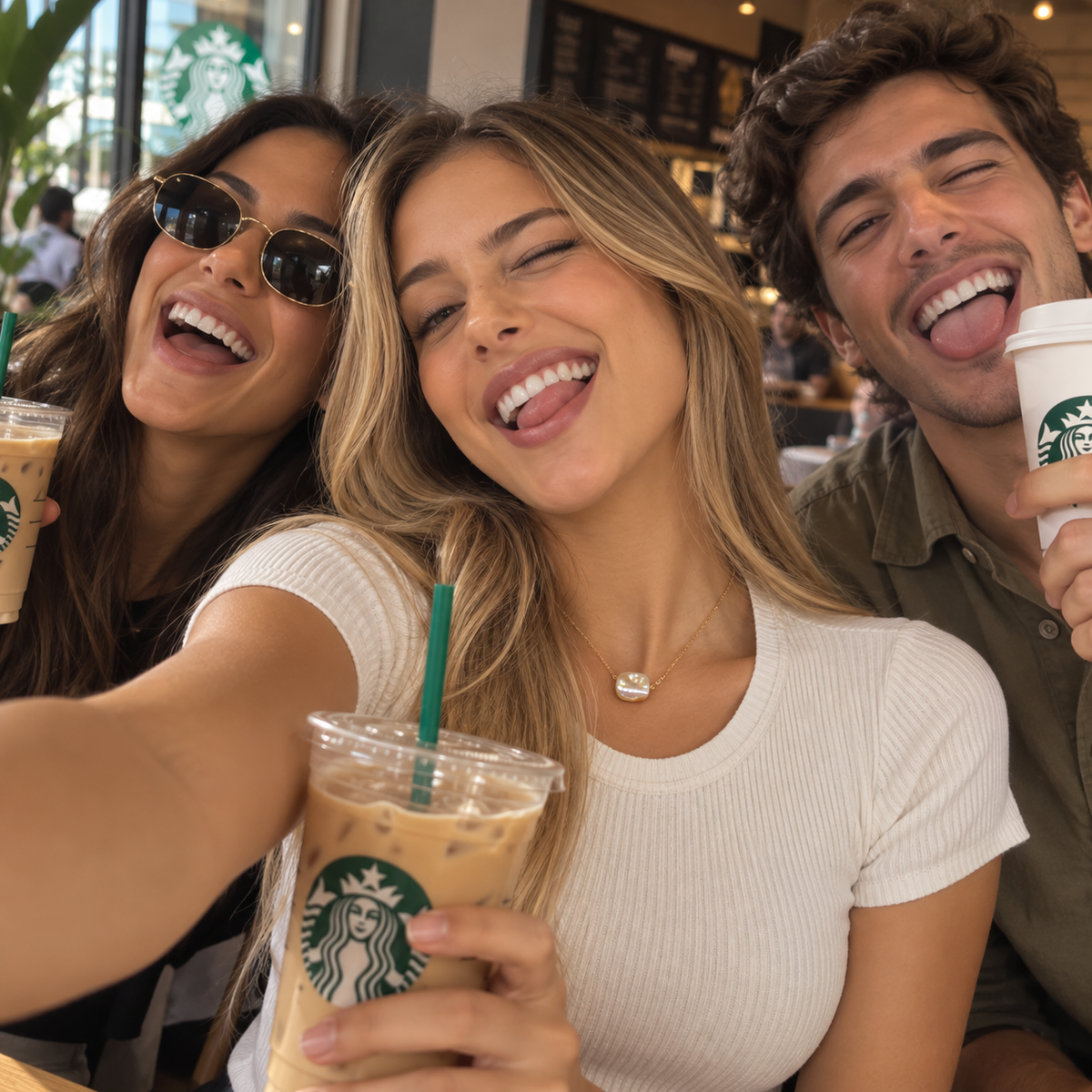 Mujeres y hombre compartiendo un momento mientras una mujer usa el Collar Intuición de nácar