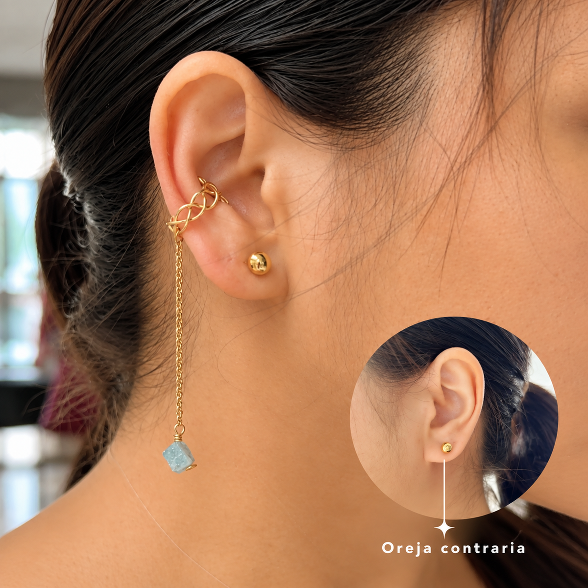 Detalle del Earcuff Serenidad de aguamarina natural en la oreja