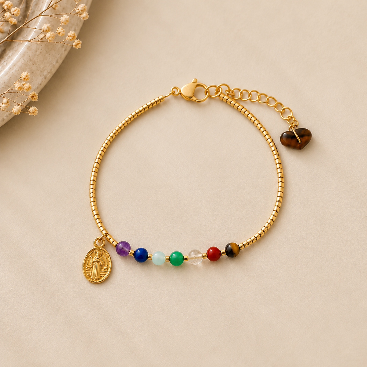 Pulsera 7 Chakras con Medalla de San Benito y piedras naturales