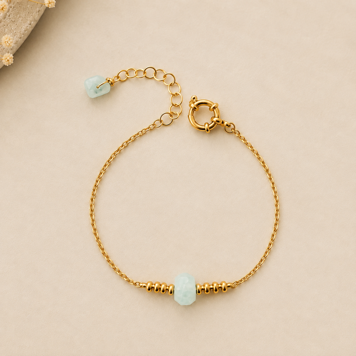 Pulsera de aguamarina natural con cadena de acero inoxidable