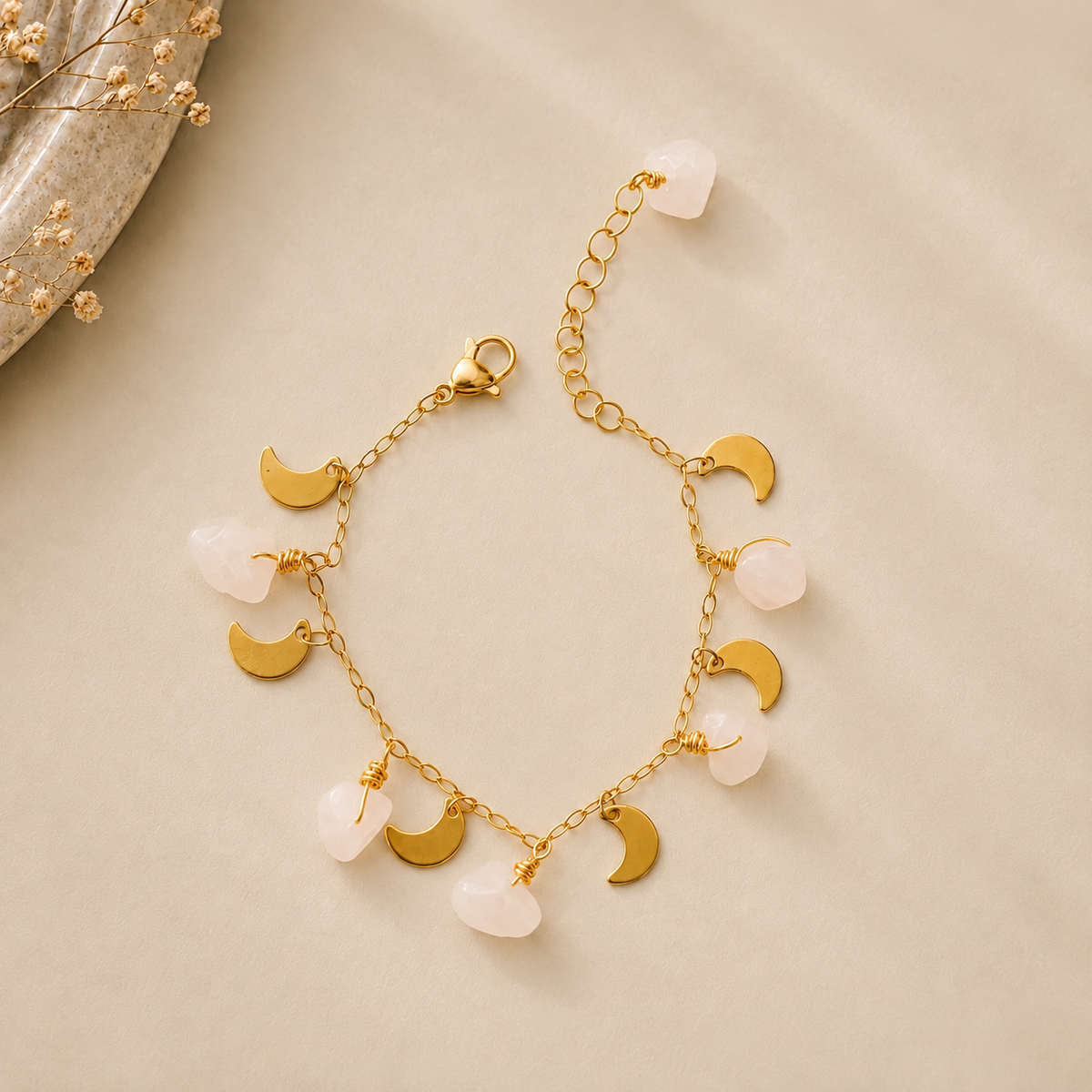 Pulsera Amor de cuarzo rosado natural con dijes de luna