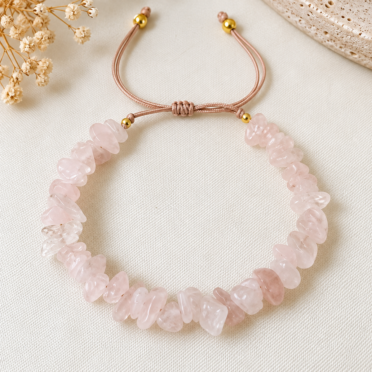 Pulsera de cuarzo rosado natural con cordón ajustable