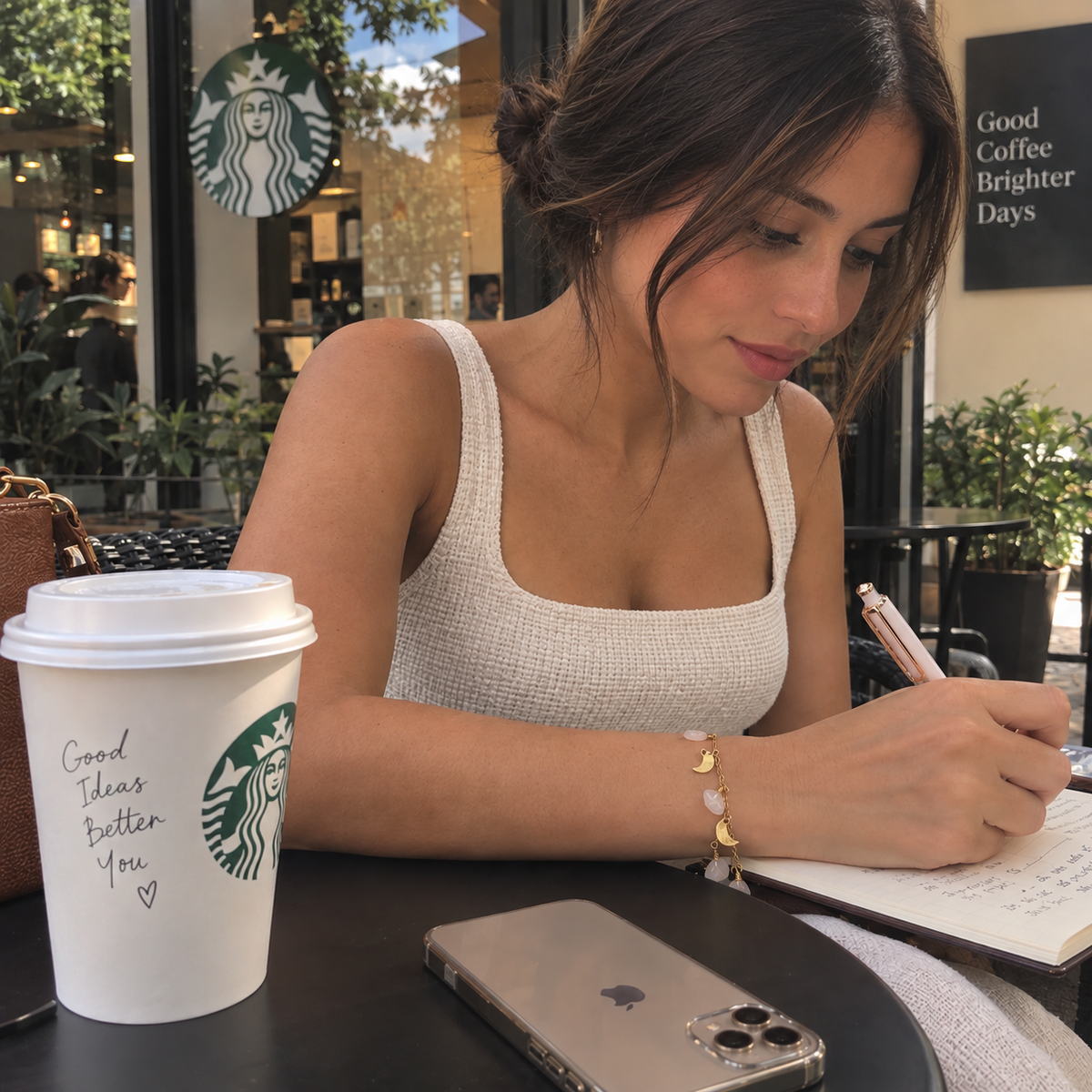 Mujer usando pulsera de cuarzo rosado mientras trabaja con su computadora en un starbucks