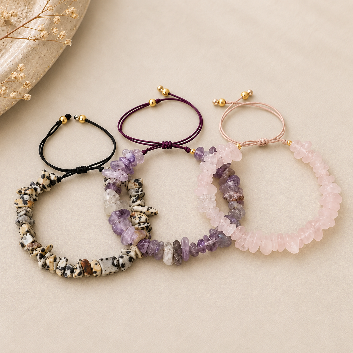 Pulseras de cuarzos naturales en amatista, cuarzo rosado y jaspe dálmata