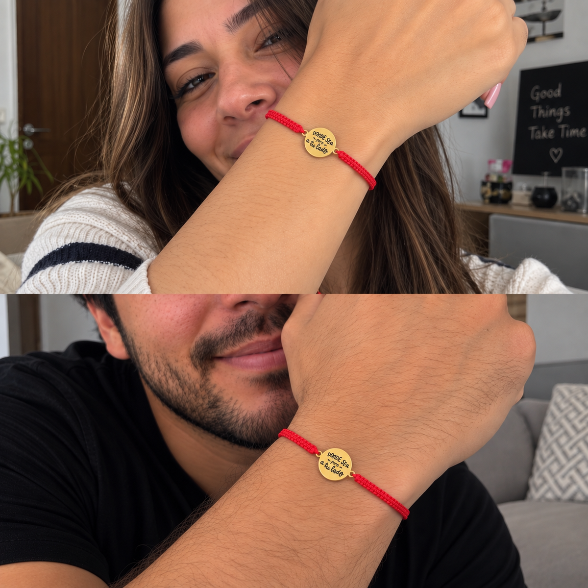 Pulseras de hilo rojo usadas por una pareja en sus muñecas