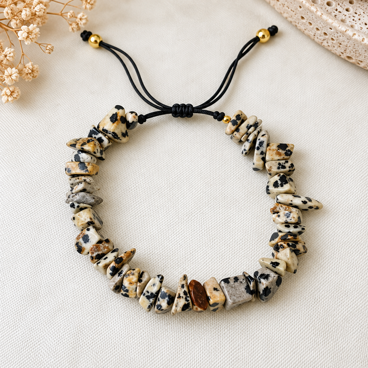 Pulsera de jaspe dálmata natural con cordón ajustable
