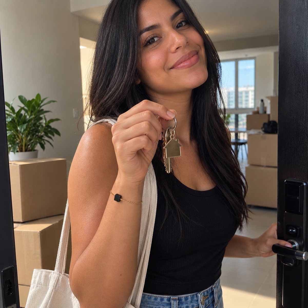 Mujer usando la Pulsera de turmalina negra con un look casual recibiendo las llaves de su casa nueva